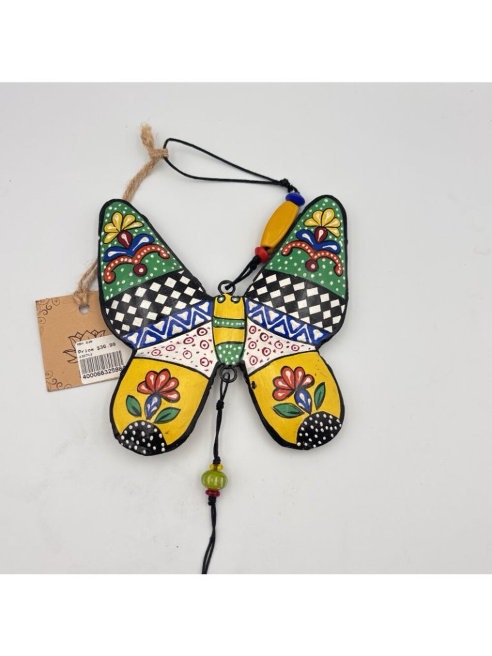 Handmade Painted Floral Butterfly Wind chime iron 21 inches long glass beads - Picture 13 of 16